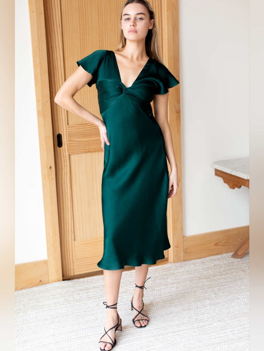 Emerson Fry Knot Front Dress - Botanical Green Satin